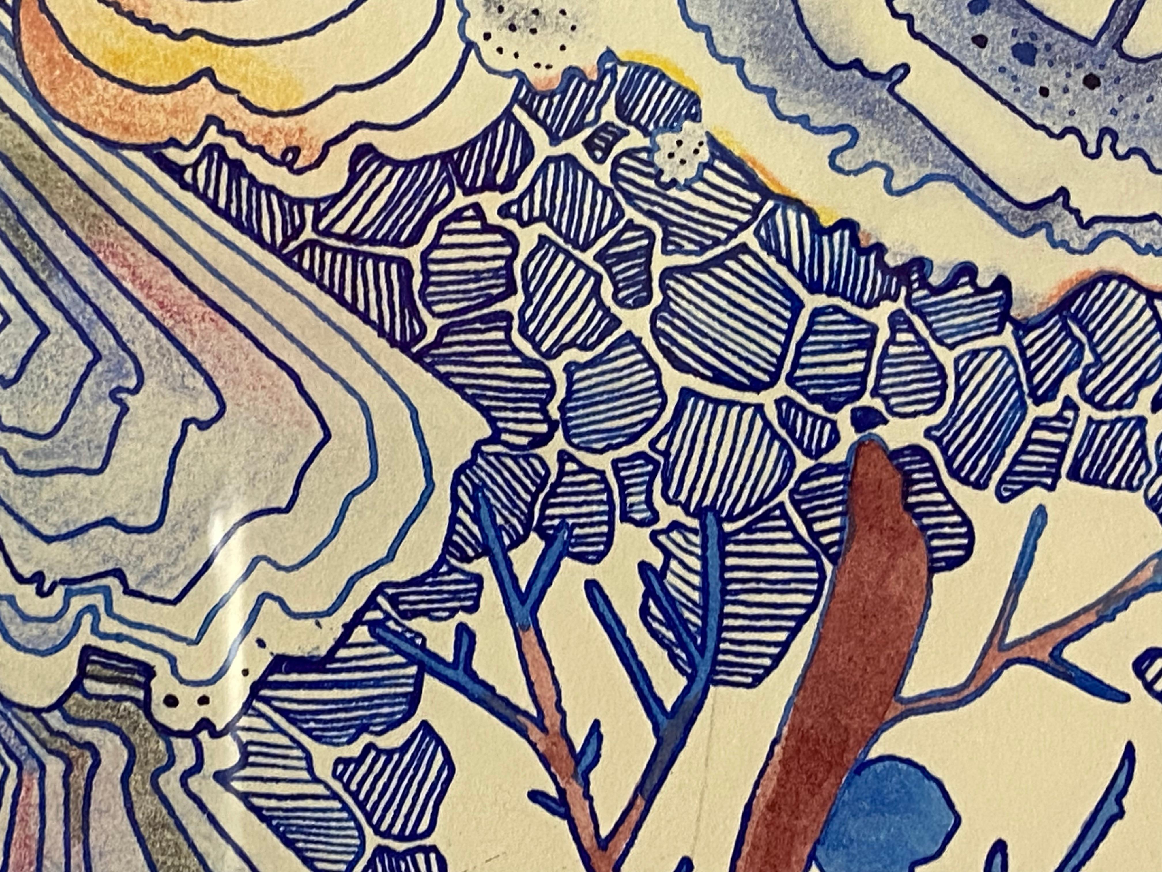 Snow Flora Falling - Pattern Drawing Blue Peach Snowflake Branches, 2020 For Sale 13