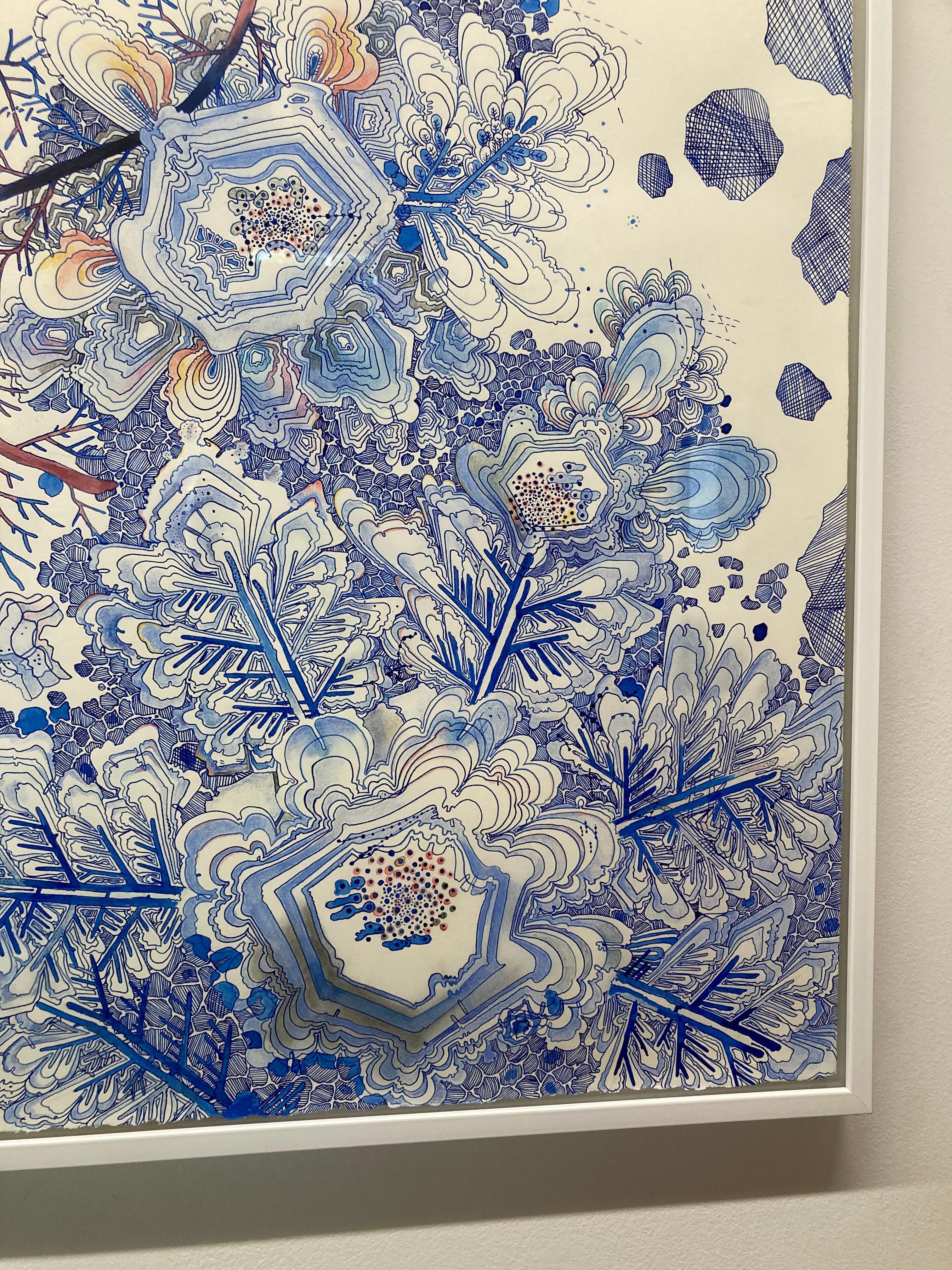 Snow Flora Falling - Pattern Drawing Blue Peach Snowflake Branches, 2020 For Sale 14