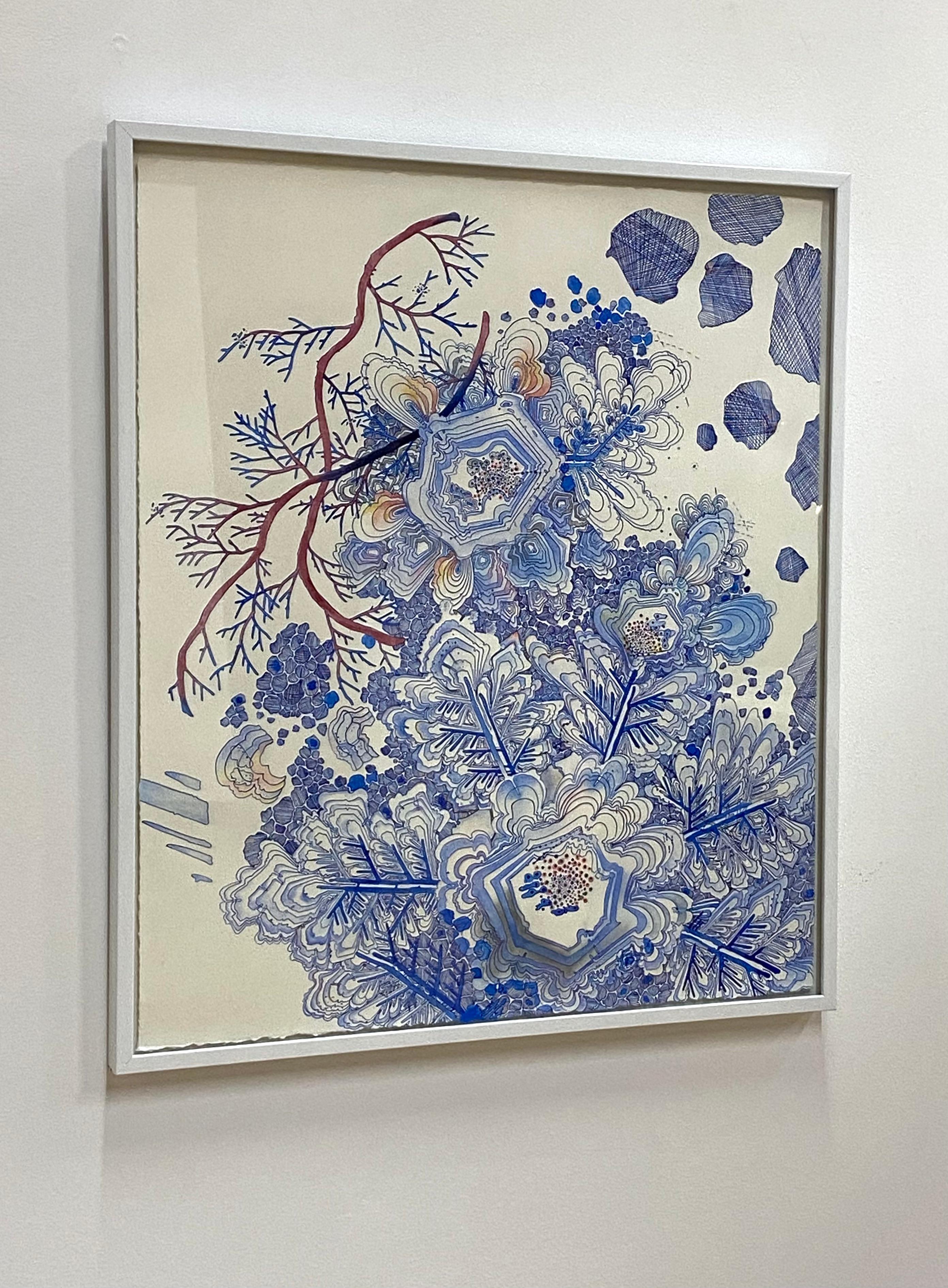 Snow Flora Falling - Pattern Drawing Blue Peach Snowflake Branches, 2020 For Sale 16