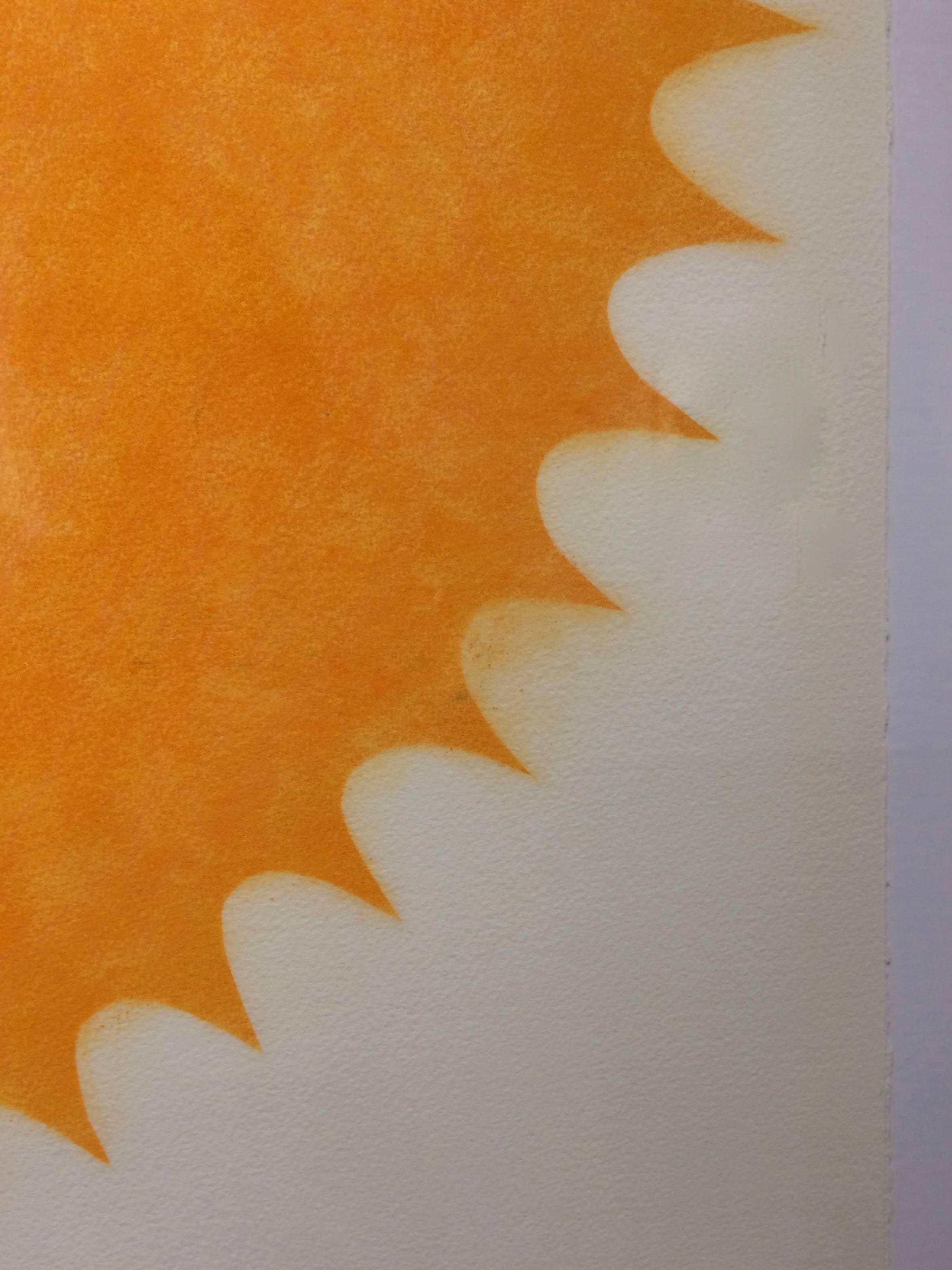 Contemporary drawing created with Judge's unique powered pigment technique. Pop Flower 4B05 is a predominately orange mandala shape with red and black in the center creating an intricately layered design. The combination of the ordered symmetry and