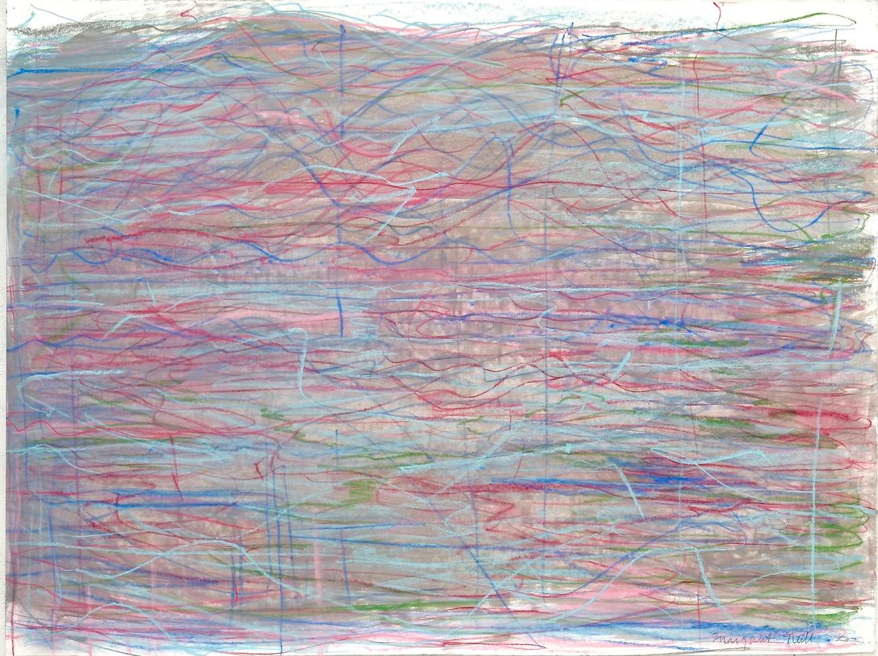Abstract Drawing Margaret Neill - Arietta A - Dessin au trait bleu rose violet motif de vagues pastel, 2022
