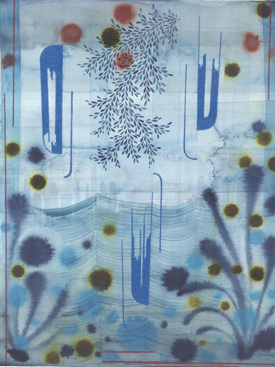 Untitled 598 - Gray Blue Waves Lavender Olive Green Leaf Patterns Abstract, 2020