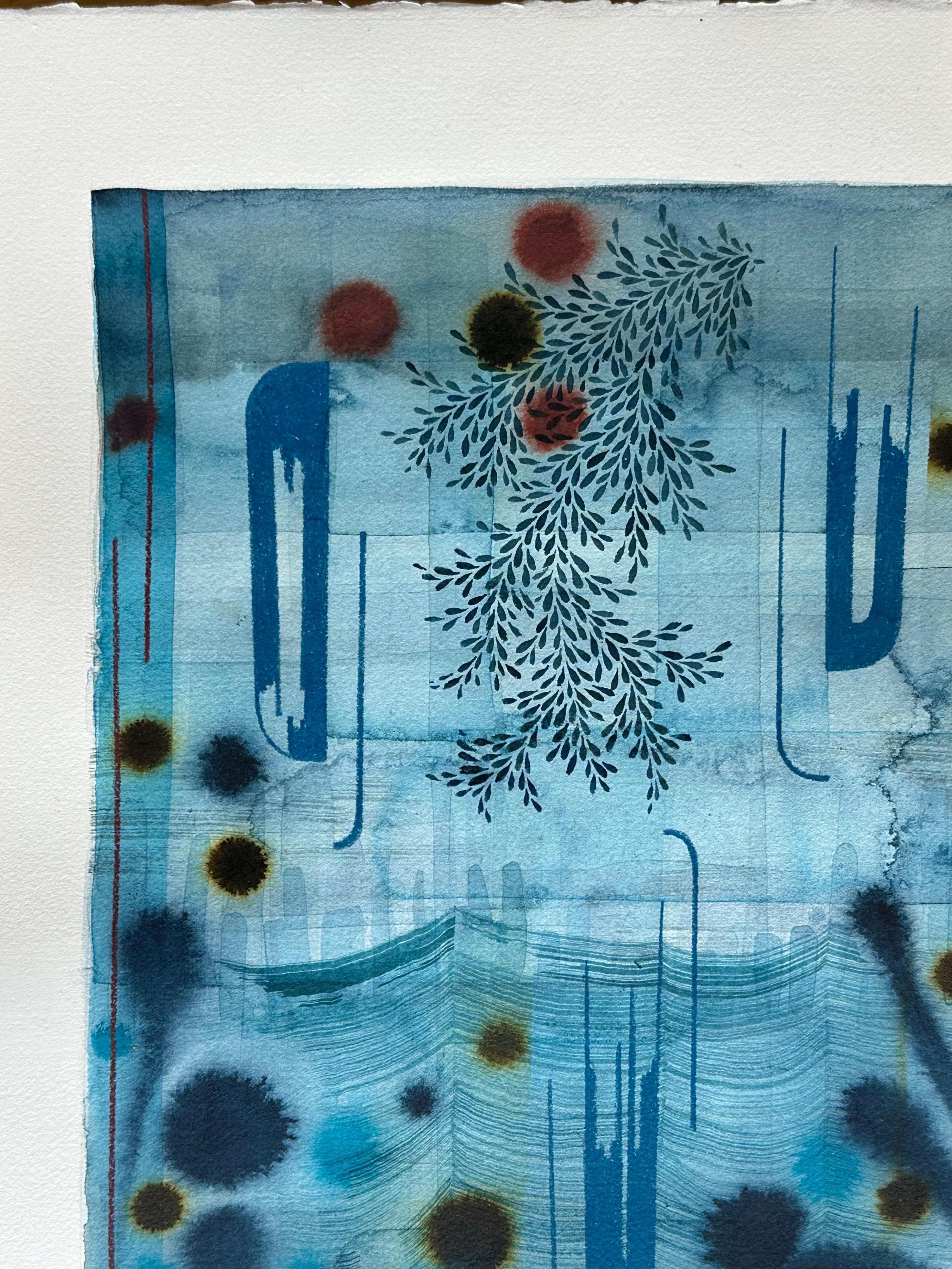 Untitled 598 - Gray Blue Waves Lavender Olive Green Leaf Patterns Abstract, 2020 - Contemporary Art by Gabe Brown