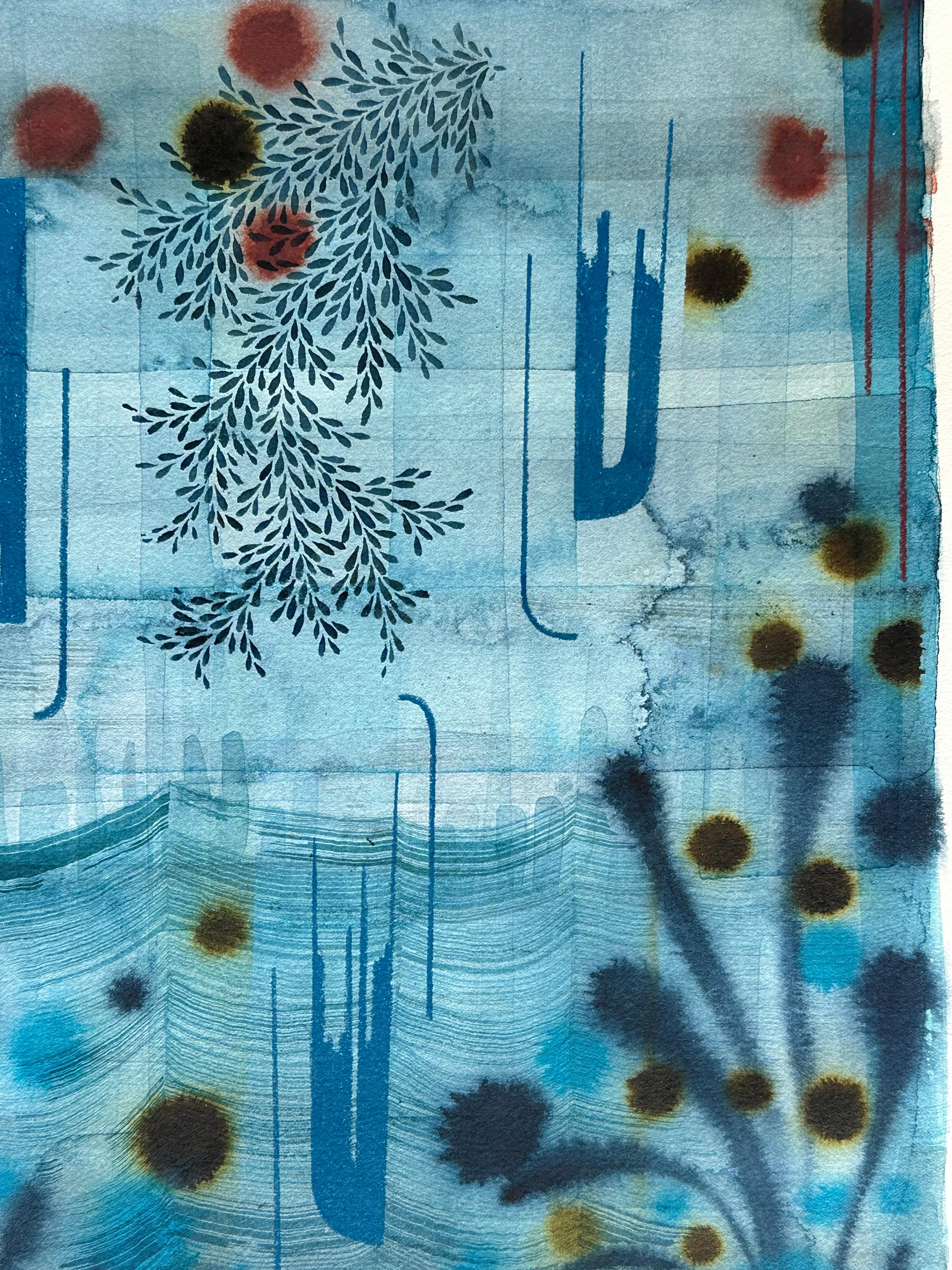 Carefully ordered patterns and shapes in olive green and a lavender shade of blue and periwinkle with a delicate navy leaf pattern complement a soft grayish blue background. Signed on verso.

Exploring a world beyond tangible reality, Brown searches