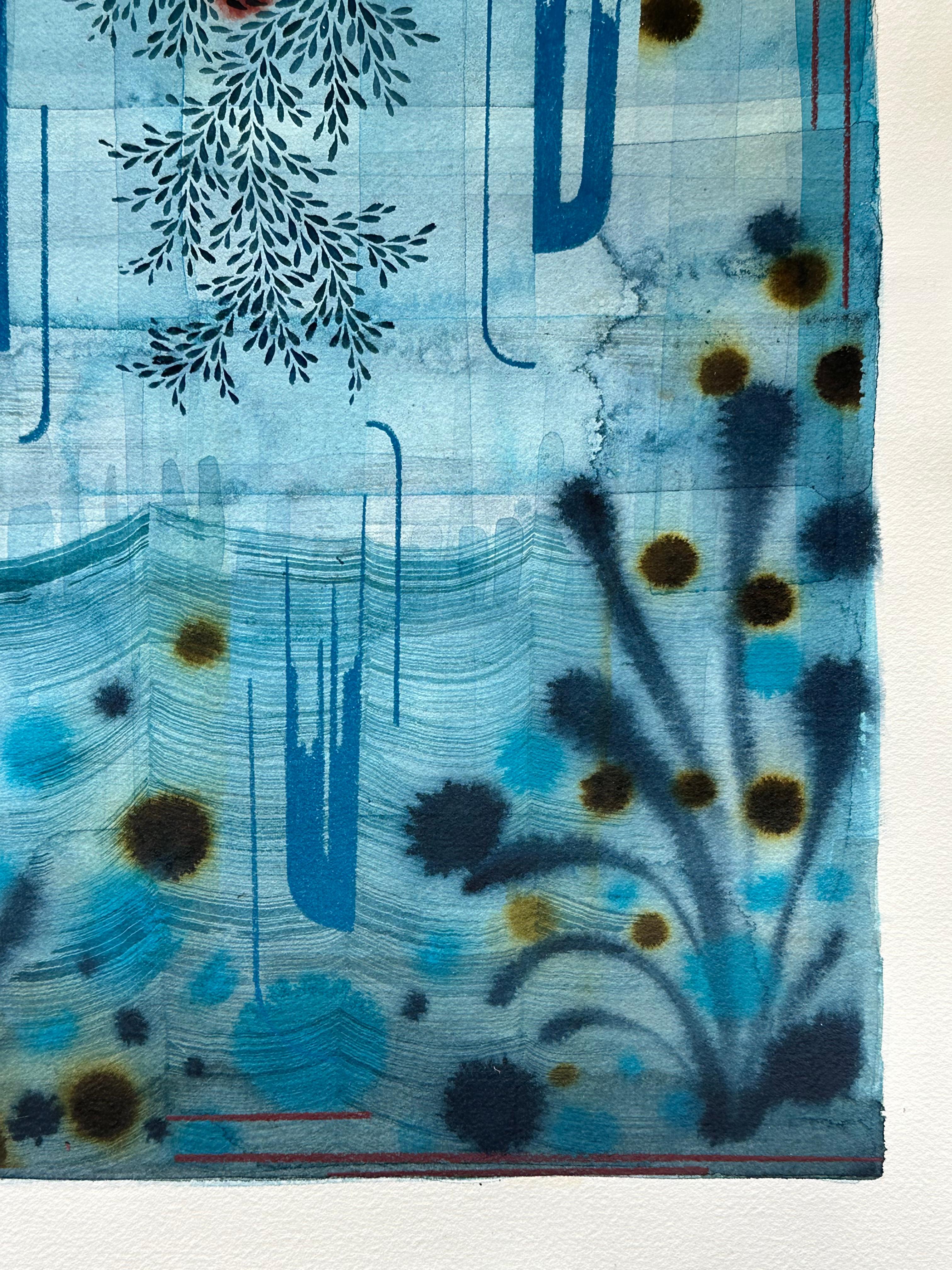 Untitled 598 - Gray Blue Waves Lavender Olive Green Leaf Patterns Abstract, 2020 For Sale 1