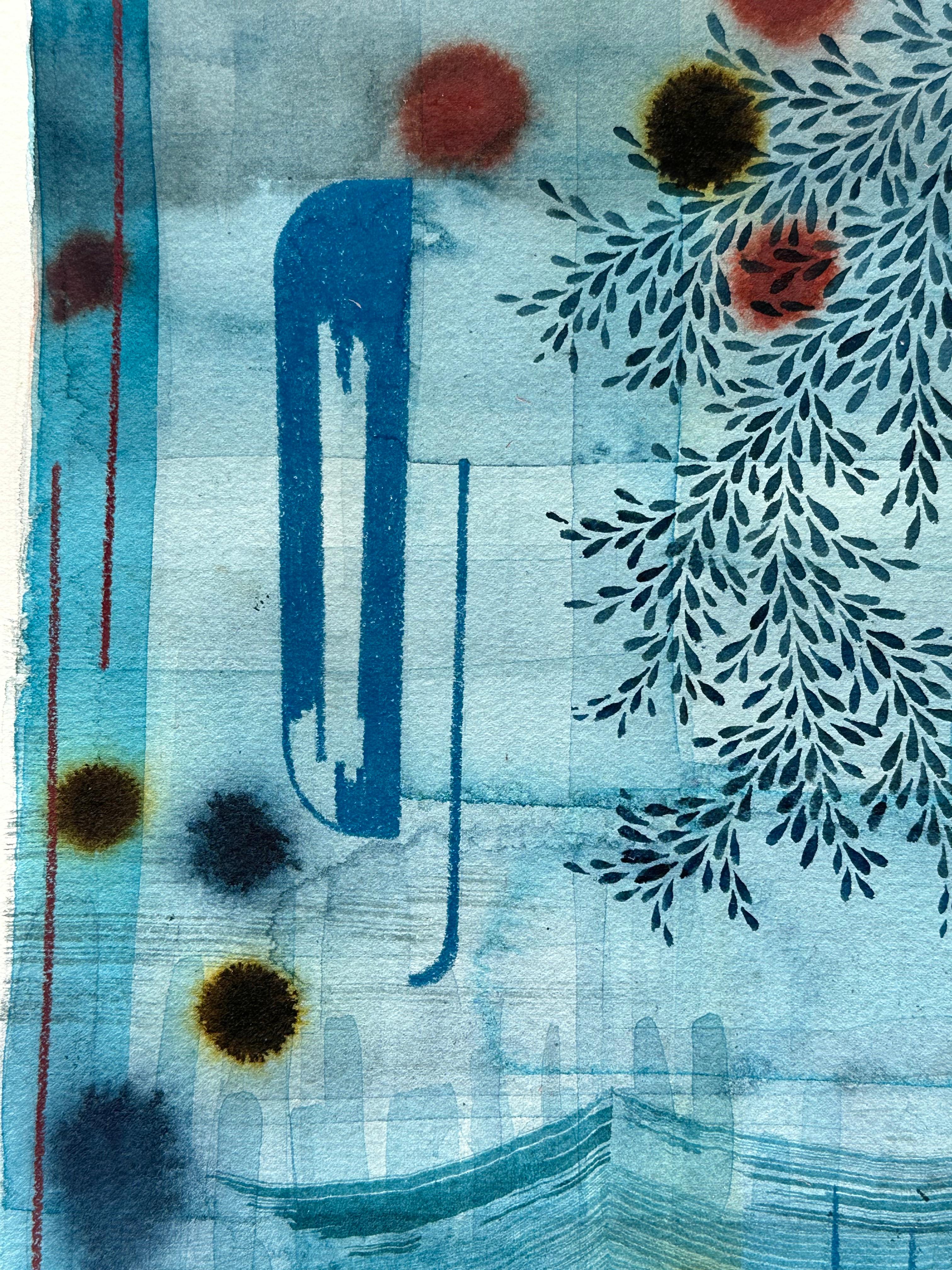 Untitled 598 - Gray Blue Waves Lavender Olive Green Leaf Patterns Abstract, 2020 For Sale 3