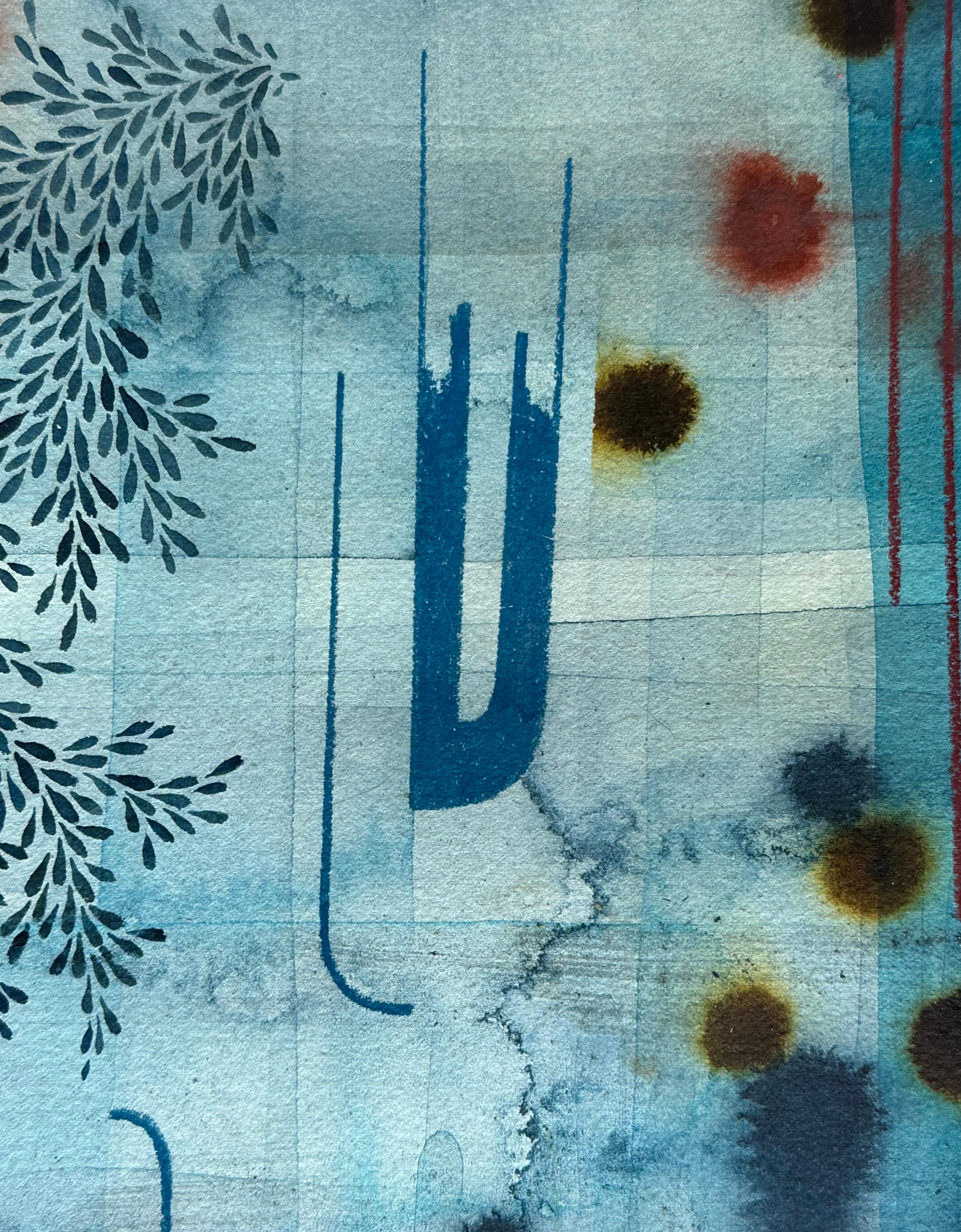 Untitled 598 - Gray Blue Waves Lavender Olive Green Leaf Patterns Abstract, 2020 For Sale 4