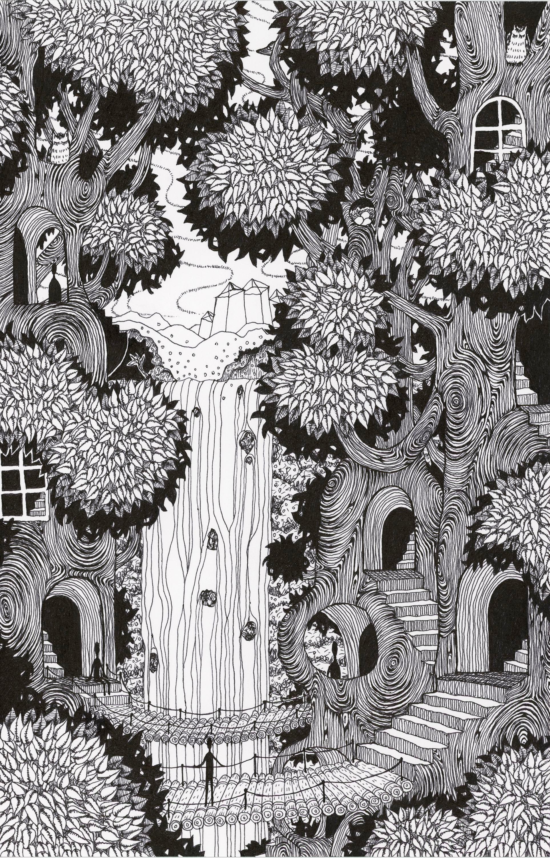 Abstract Drawing di Michiyo Ihara - Soul Flowers 31 Waterfall Forest Life - Trees Black and White Landscape, 2024