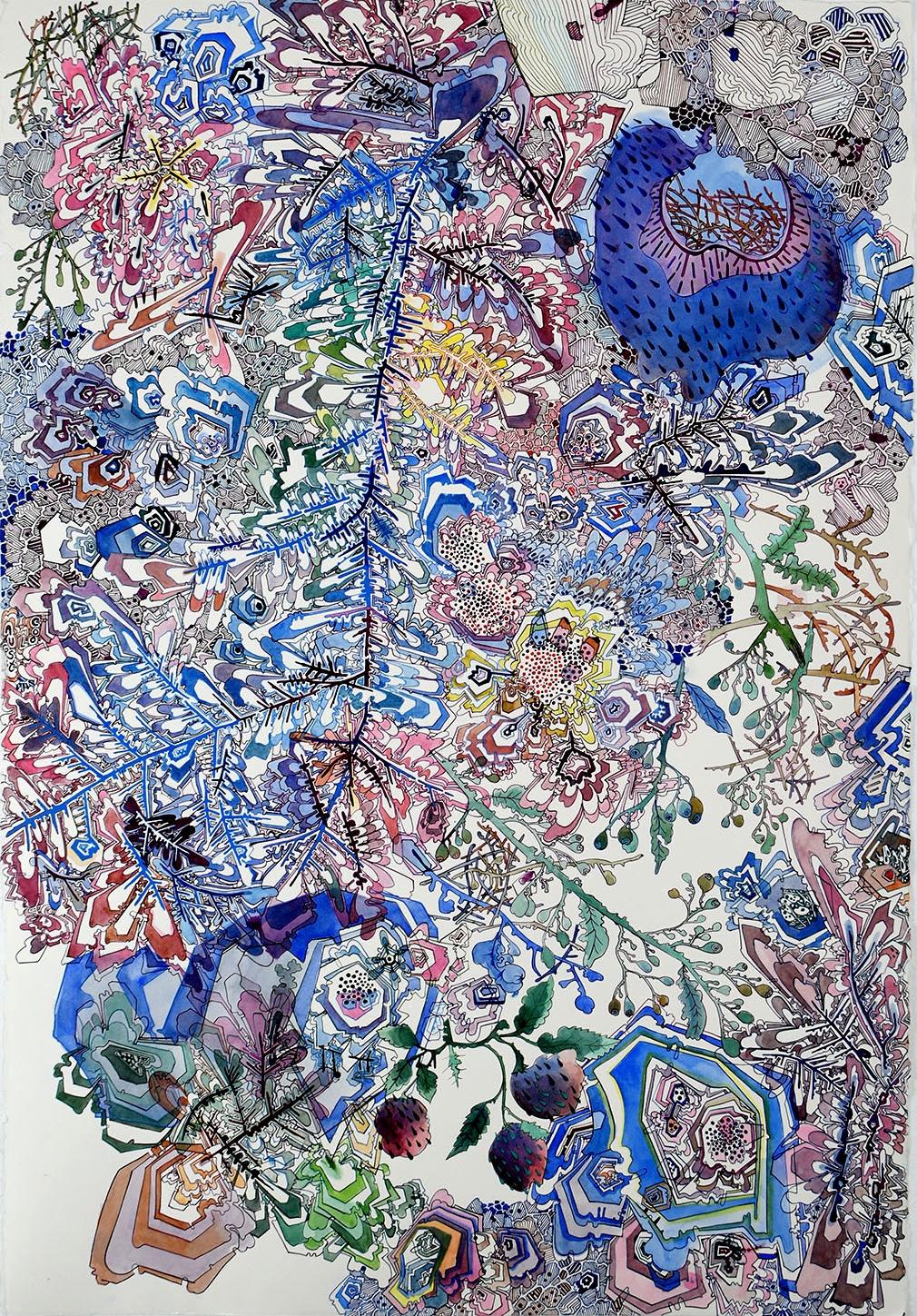 Sarah Morejohn Abstract Drawing - Cool August - Abstract Pattern Lines Drawing Fruit Blue Green, 2024