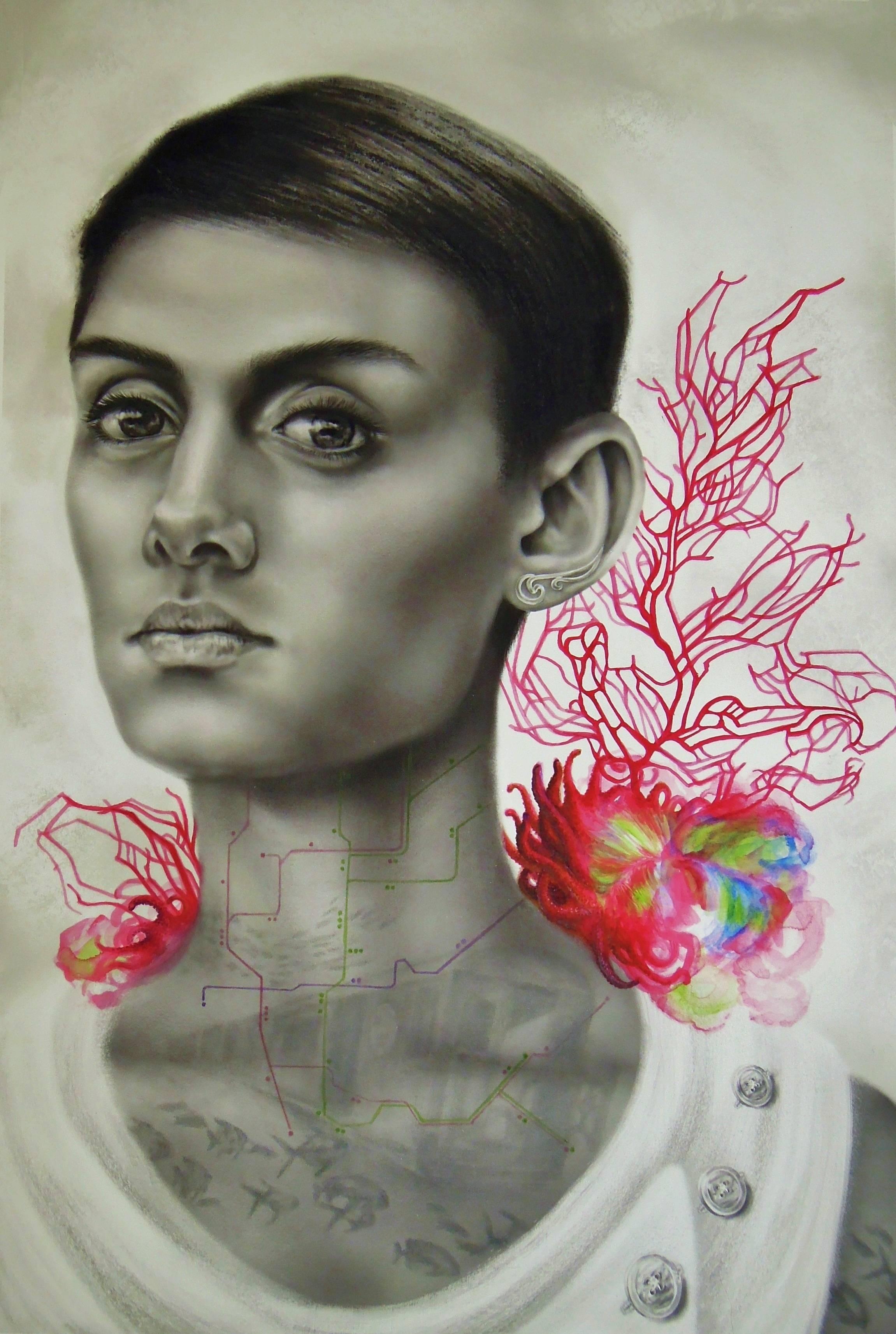 Portrait de Francine Fox - Arrecife de coral rojo - Retrato de mujer fuerte Mapa del metro de Nueva York Arrecife de coral rojo rosa, 2017