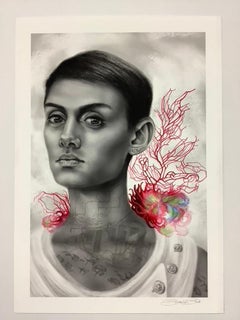 Red Bird Reef - Strong Woman Portrait NYC Subway Map Pink Red Coral Reef, 2017