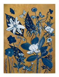 Gold Flora Shadows Magnolia - Metallic Botanical Cyanotype Painting Flowers 2023