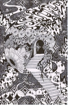 Soul Flowers 57 Donna's Portal - Staircase Doorway Black and White Drawing, 2024