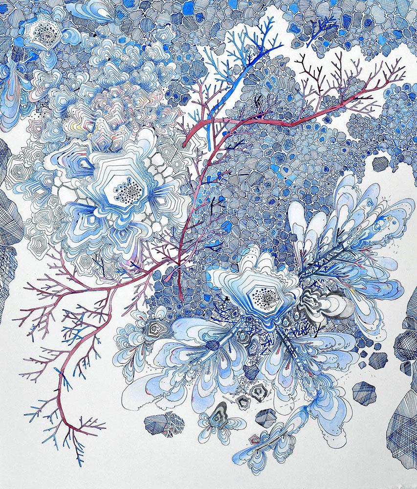 Snow Flora Pink Branches - Pattern Drawing Blue Peach Snowflake Branches, 2020