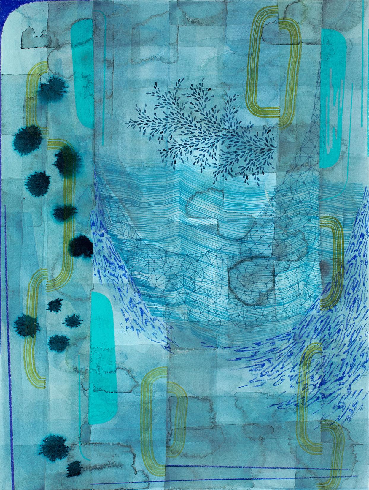 Untitled 600 - Teal Blue Olive Green Indigo Abstract Pattern Landscape, 2021