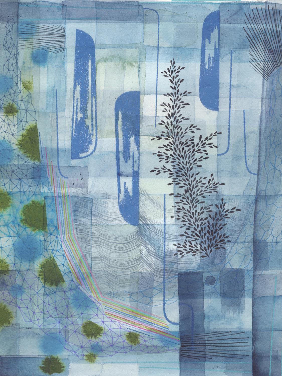 Untitled 588 - Gray Blue Light Indigo Olive Green Navy Leaf Patterns, 2020