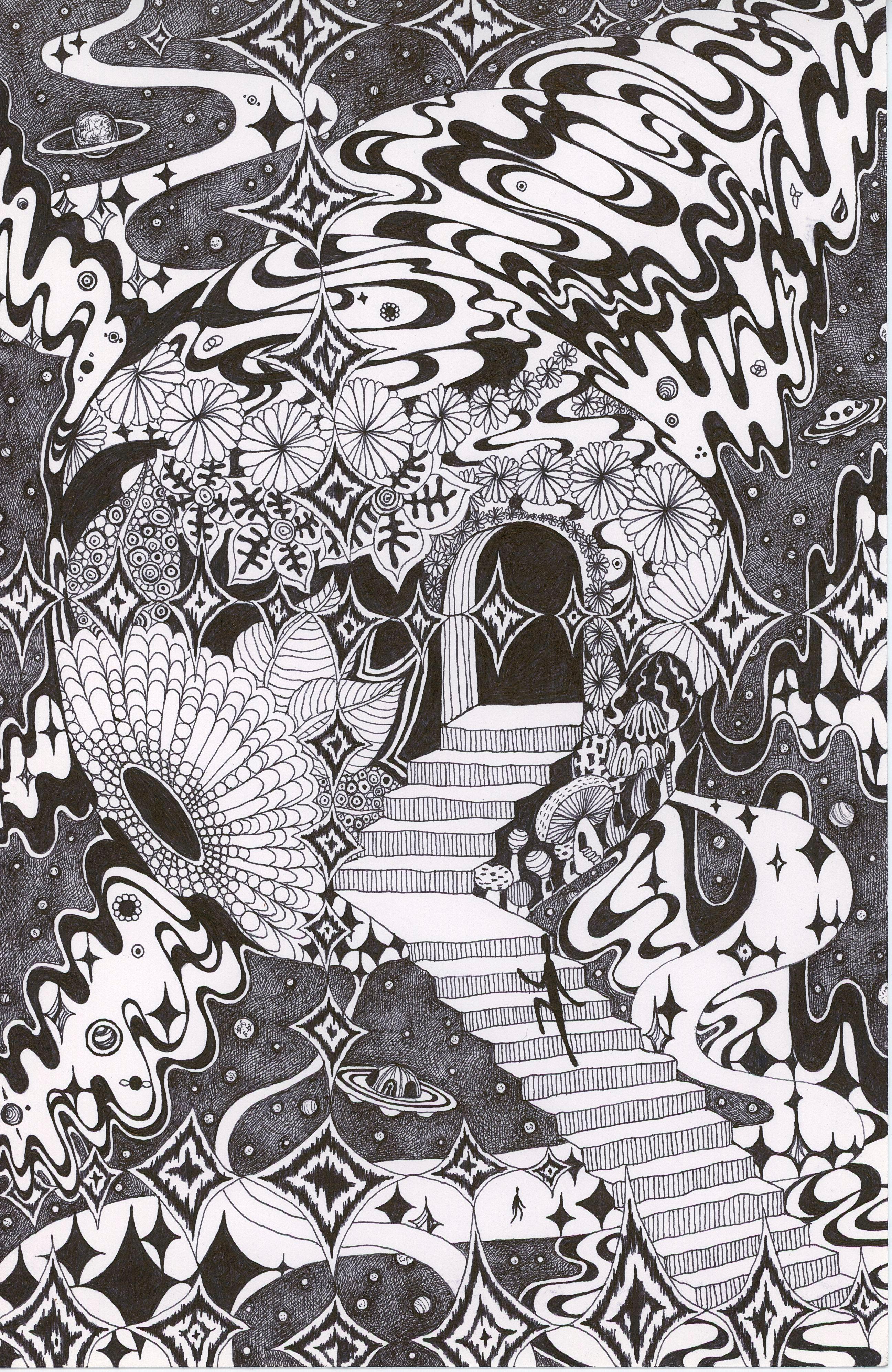 Michiyo Ihara Abstract Drawing - Soul Flowers 57 Donna's Portal - Staircase Doorway Black and White Drawing, 2024