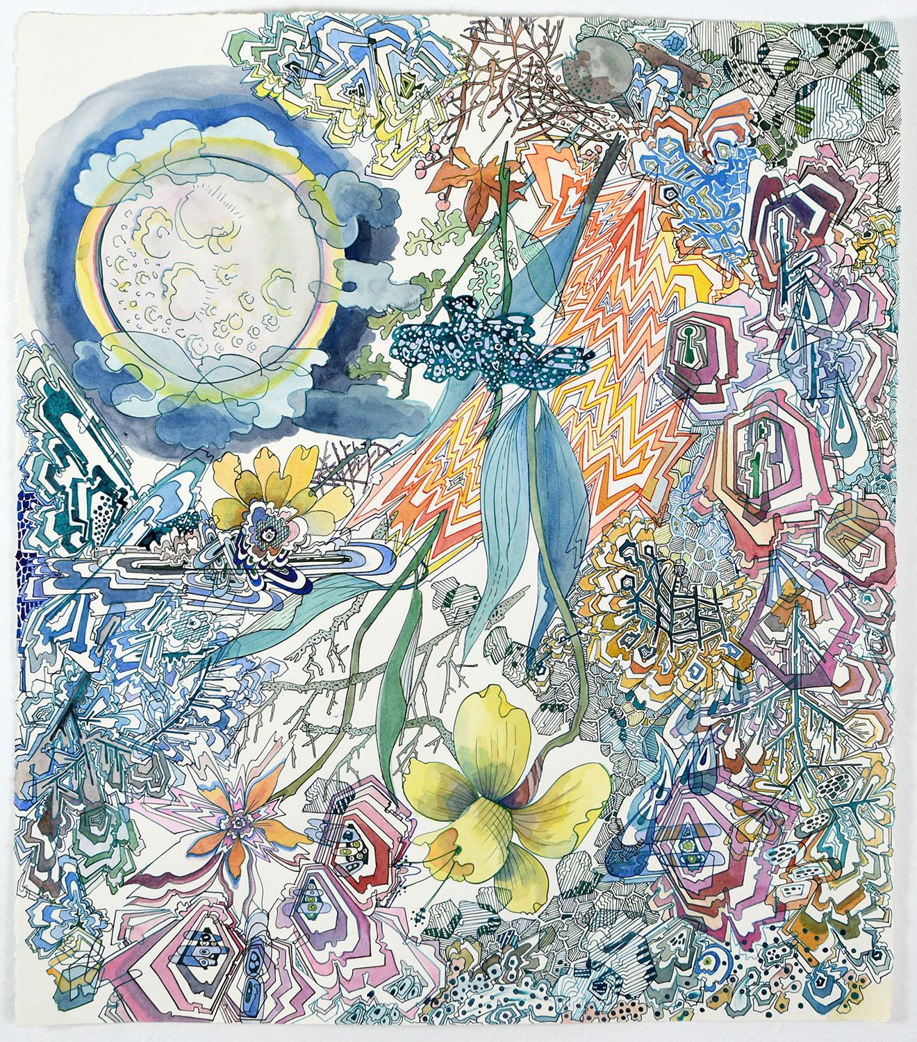 Sarah Morejohn Abstract Drawing - Full Flower Moon - Abstract Pattern Drawing Yellow Daffodil Flowers Leaf, 2026