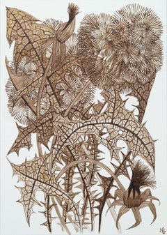 Dandelions Two - Foglie e boccioli di dente di leone, inchiostro marrone noce, 2026