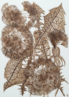 Dandelions Three - Foglie e boccioli di tarassaco, inchiostro marrone noce, 2026