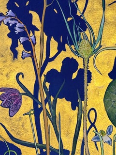 Gold Flora Shadows Bluebells Teasel Fritillaria - Gold Painting Flowers, 2024