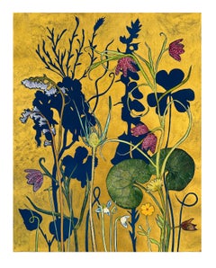 Gold Flora Shadows Bluebells Teasel Fritillaria - Gold Painting Flowers, 2024
