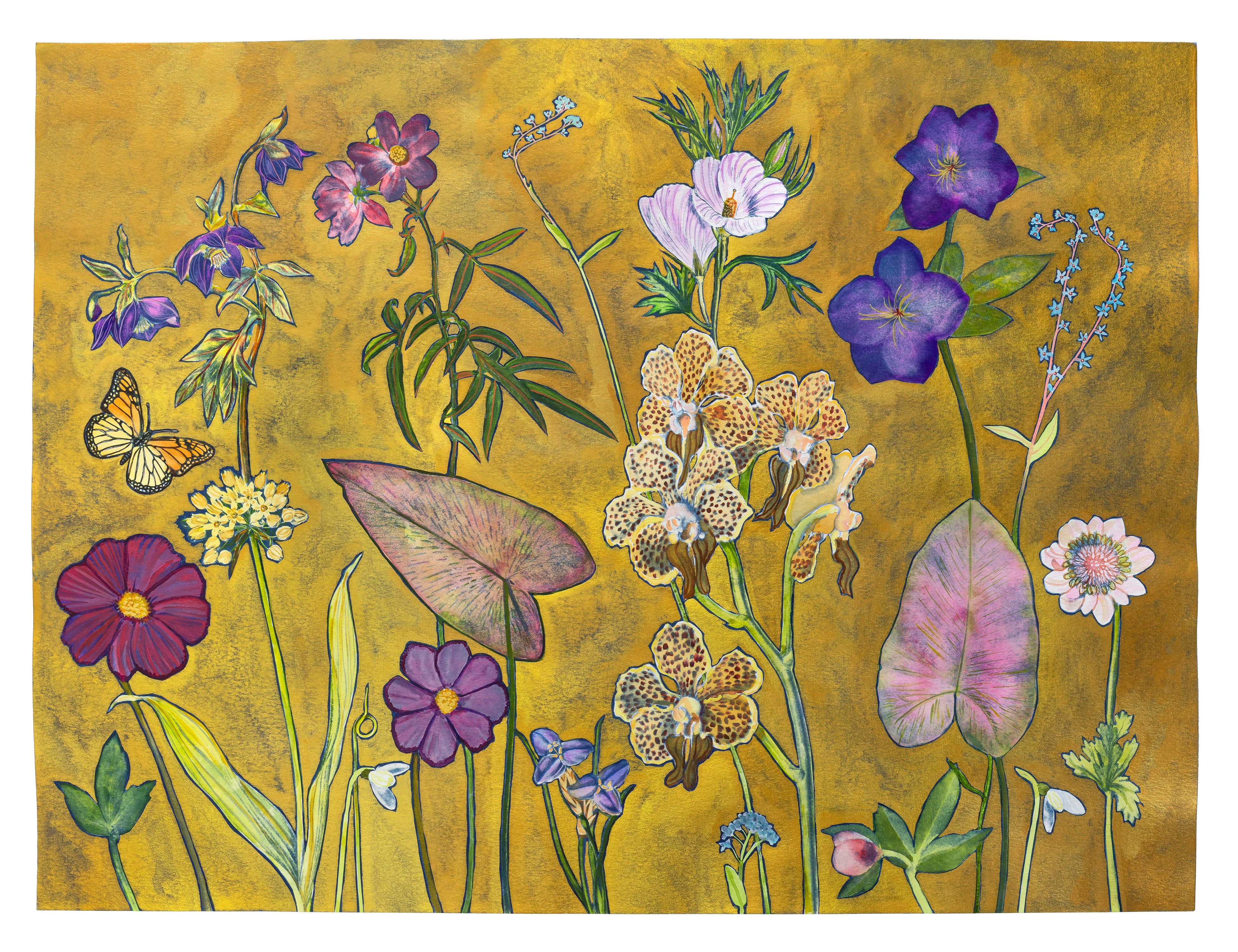 Gold Flora Hellebore Orchid Leaves Cosmos Monarch - Gold Painting Flowers, 2023 - Art by Julia Whitney Barnes