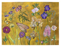Flor de oro, eléboro, orquídea, hojas de cosmos, mariposa monarca - Pintura de flores en dorado, 2023