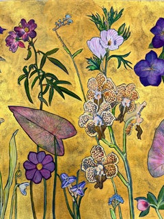 Flor de oro, eléboro, orquídea, hojas de cosmos, mariposa monarca - Pintura de flores en dorado, 2023