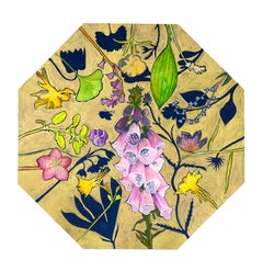 «Gold Flora»: dedalera octogonal, aquilegia, ginkgo - Flores y plantas sobre fondo dorado, 2023