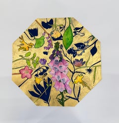 «Gold Flora»: dedalera octogonal, aquilegia, ginkgo - Flores y plantas sobre fondo dorado, 2023