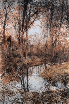 Novembre - Paesaggio boschivo, alberi autunnali, arancione, inchiostro sumi su Mylar, 2025