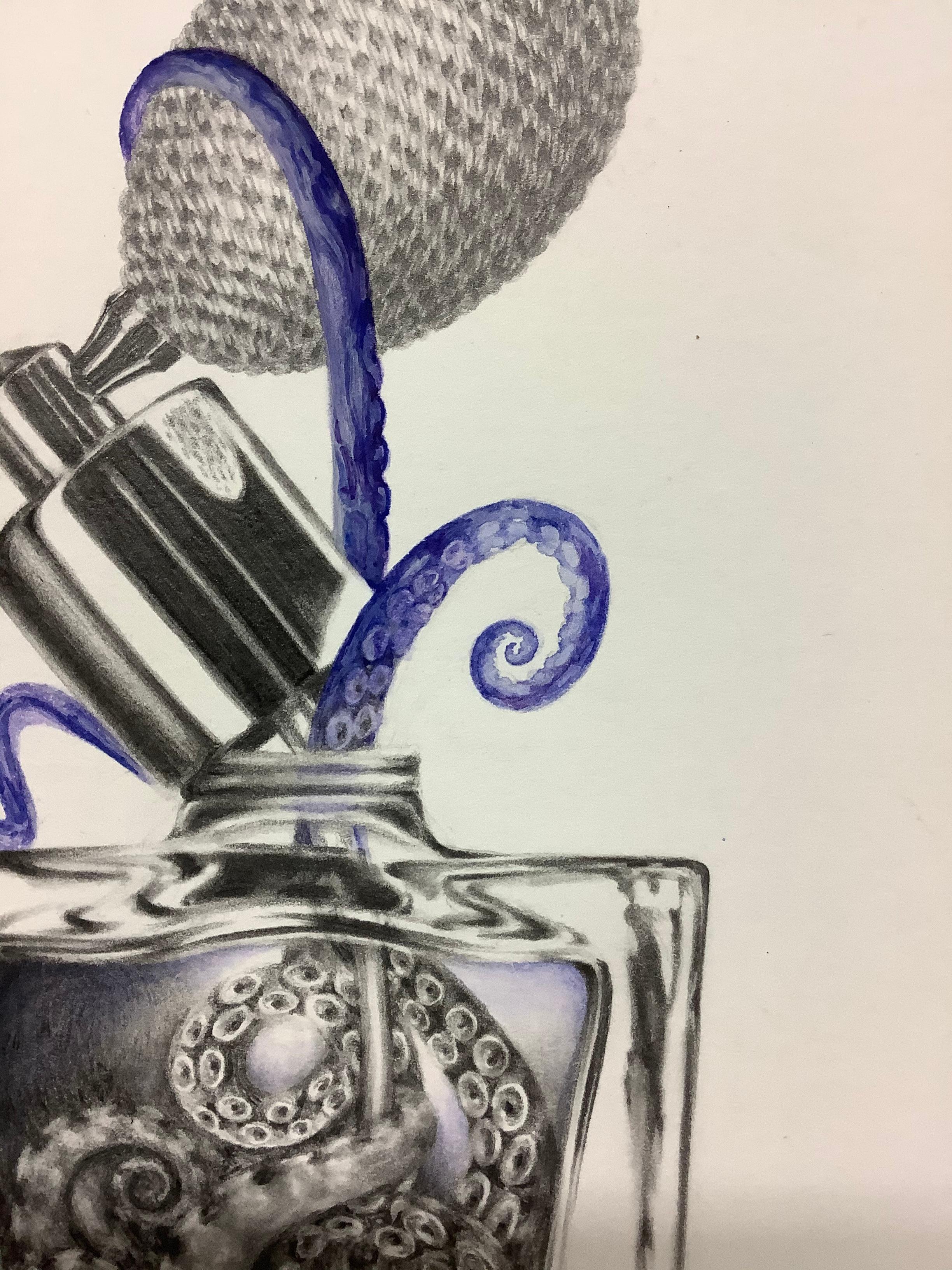 Perfume No. Two, Drawing, Watercolor of Purple Octopus, Glass Perfume Bottle - Contemporary Art by Francine Fox