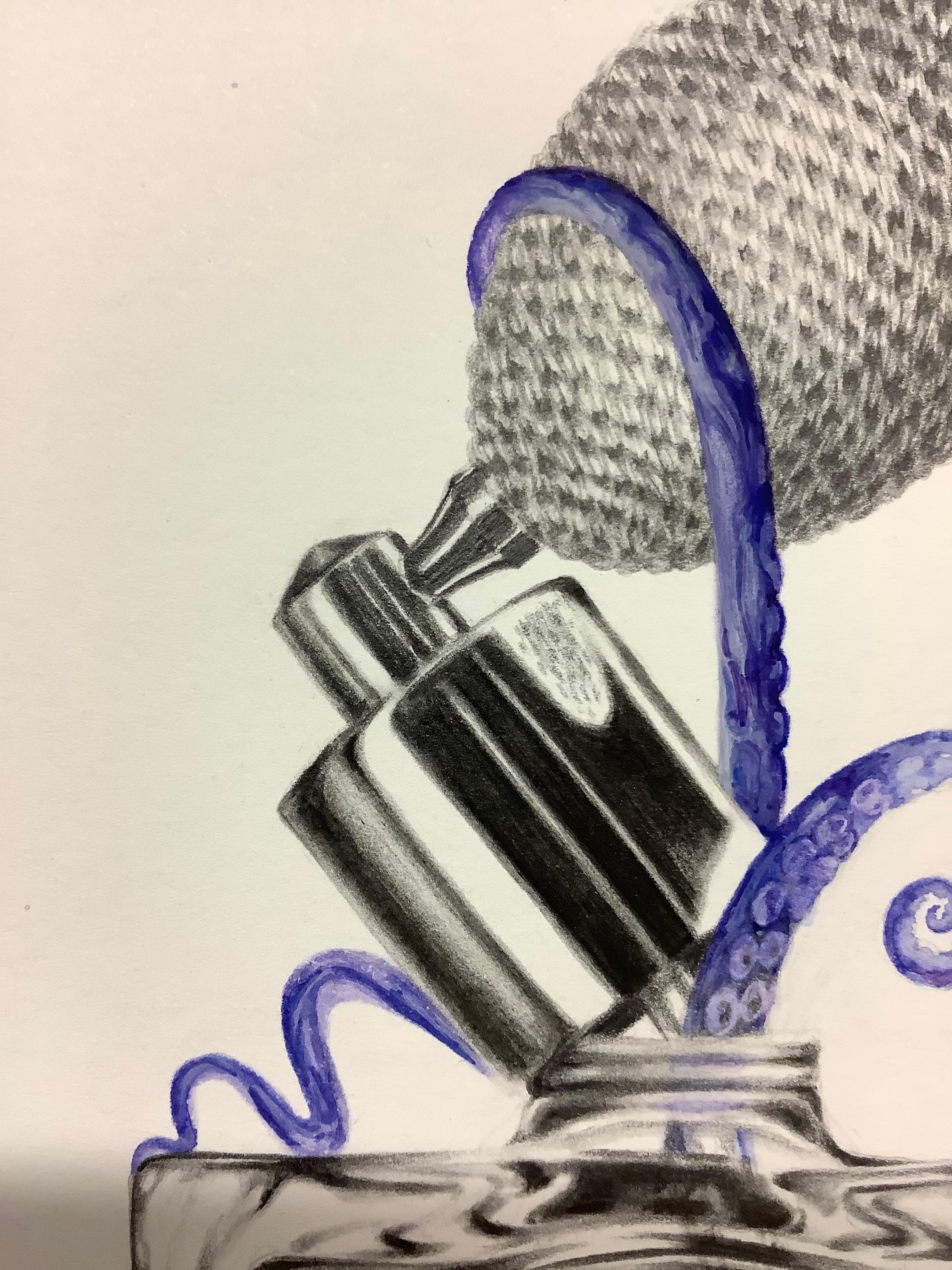Perfume No. Two, Drawing, Watercolor of Purple Octopus, Glass Perfume Bottle - Gray Animal Art by Francine Fox