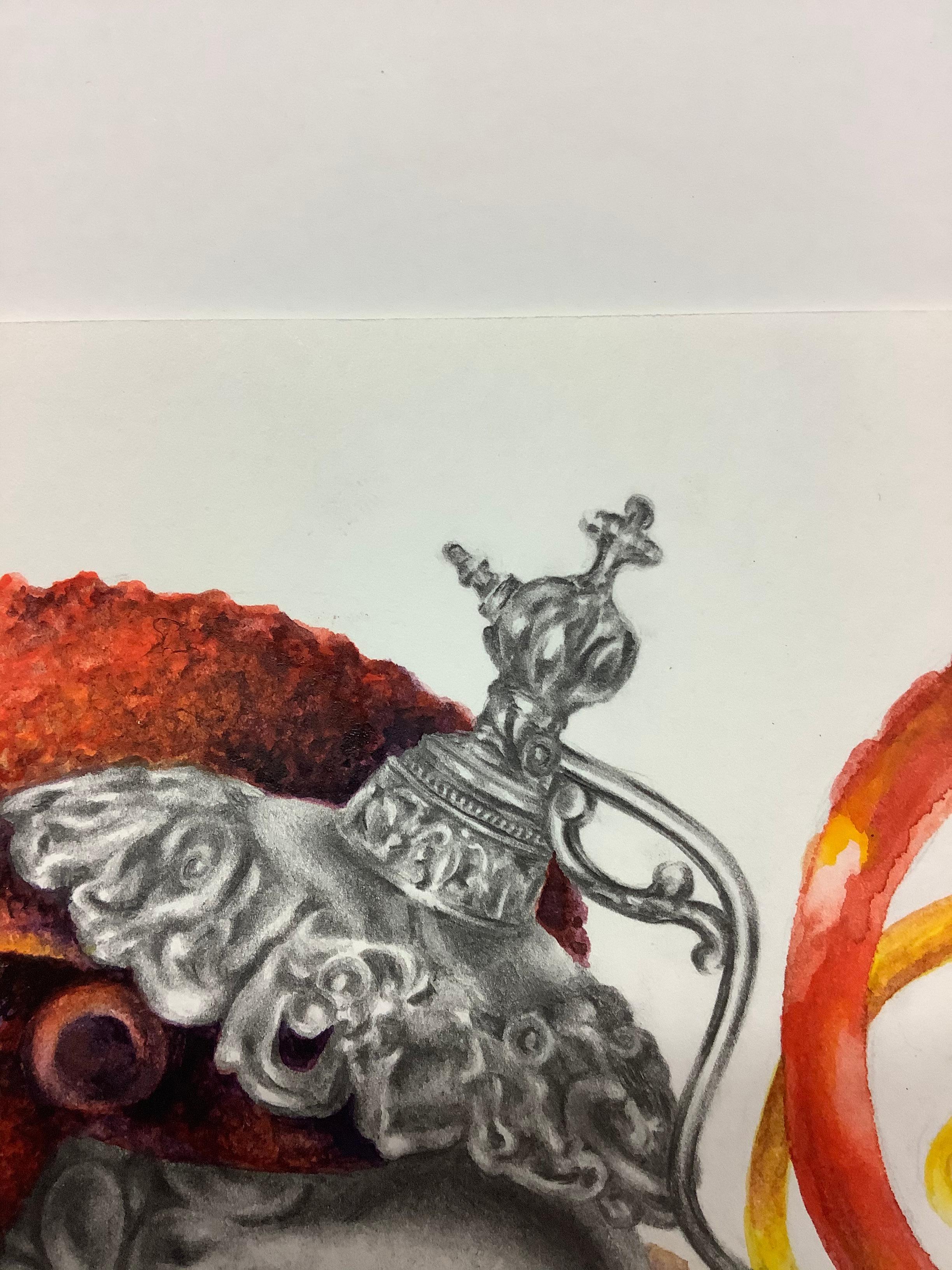 Perfume No. One, Drawing of Orange, Red Octopus and Perfume Bottle on White - Contemporary Art by Francine Fox