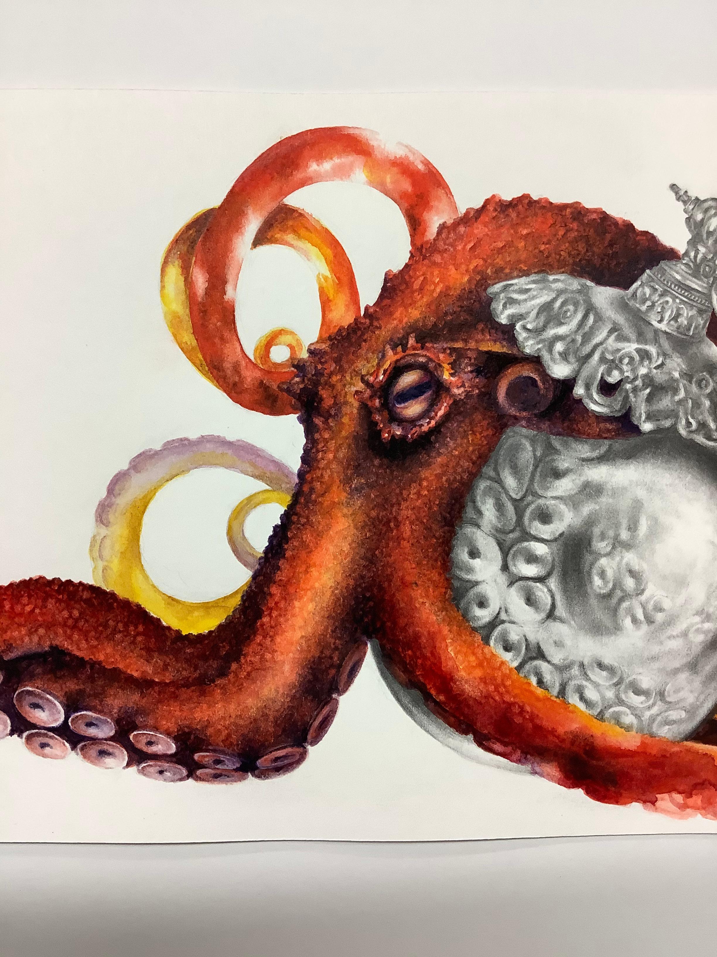 Perfume No. One, Drawing of Orange, Red Octopus and Perfume Bottle on White - Beige Animal Art by Francine Fox