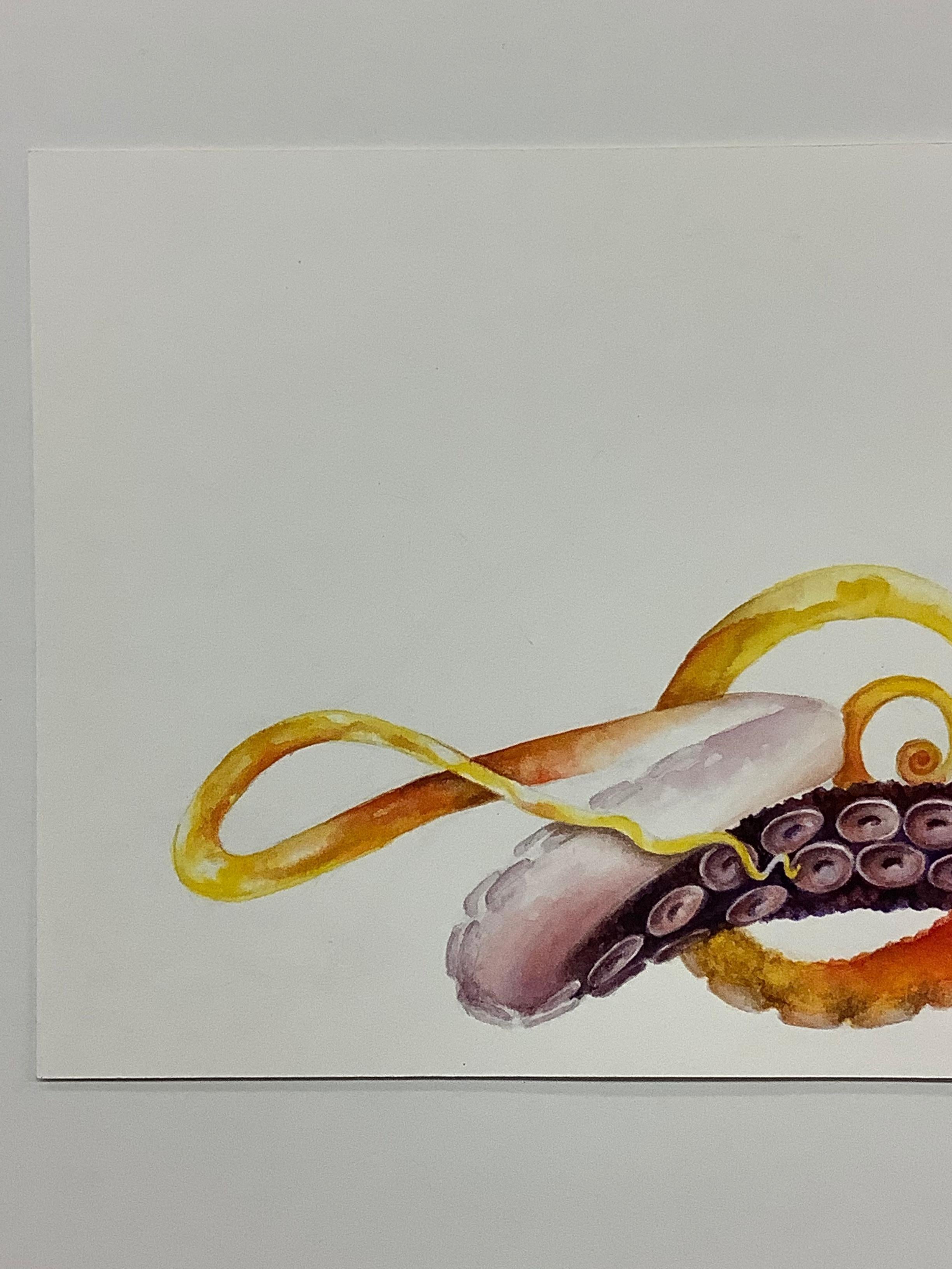 A red and orange octopus encircles a perfume bottle in this small horizontal painting in watercolor and colored pencil on paper. This work on paper is unframed. 

Francine Fox works in many mediums including oil paint, watercolor, gouache, graphite
