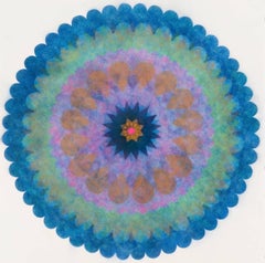 Pop Flower 64, Bright Teal Green Blue Mandala with Purple and Orange