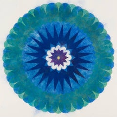 Pop Flower 66, Teal Green, Blue, Circular Shape with Purple, Yellow, White