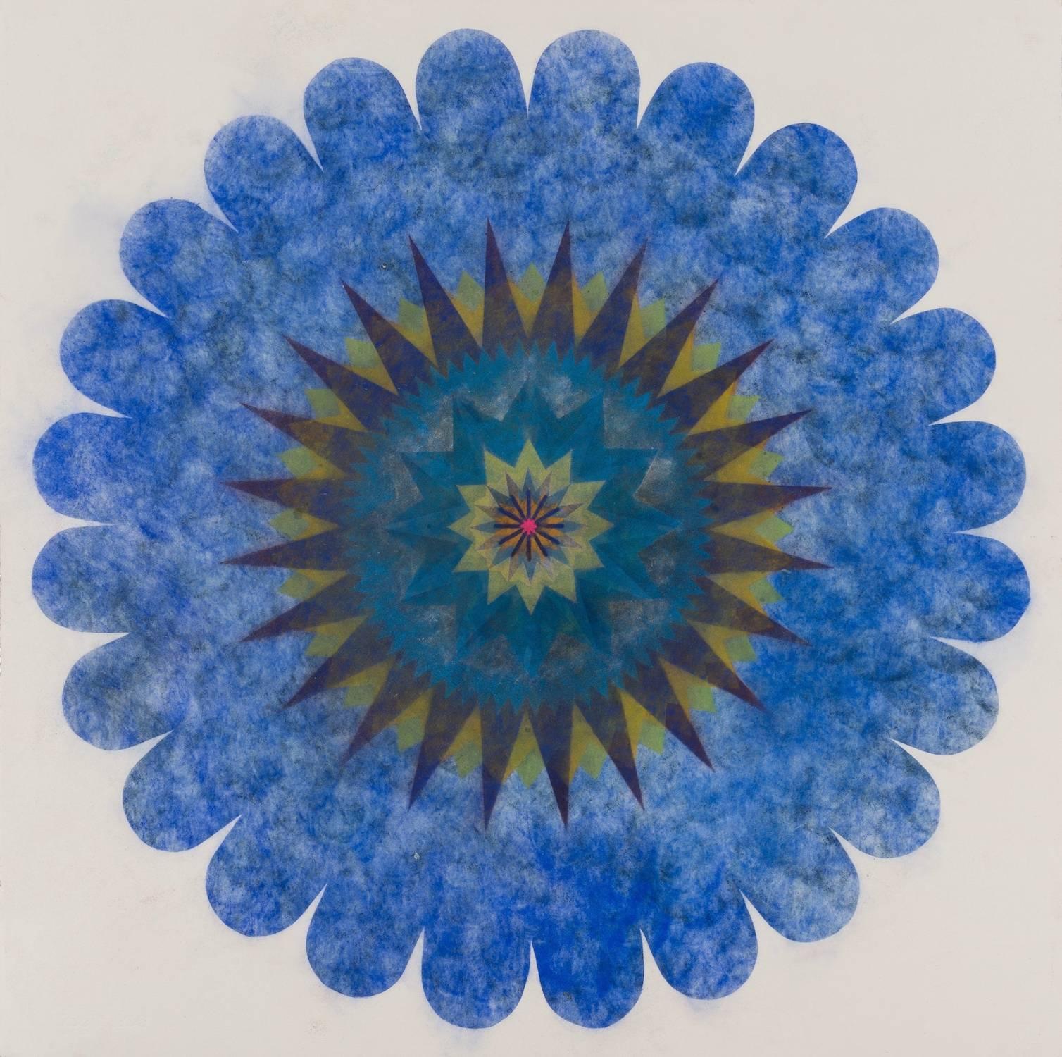 Mary Judge Abstract Drawing - Pop Flower 65, Bright Blue Mandala With Gold And Pink, Circle in Square Format