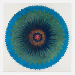 Pop Flower 73, Dark Hunter Green, Bright Blue Mandala with Navy, Orange and Pink