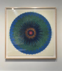 Pop Flower 73, Dark Hunter Green, Bright Blue Mandala with Navy, Orange and Pink