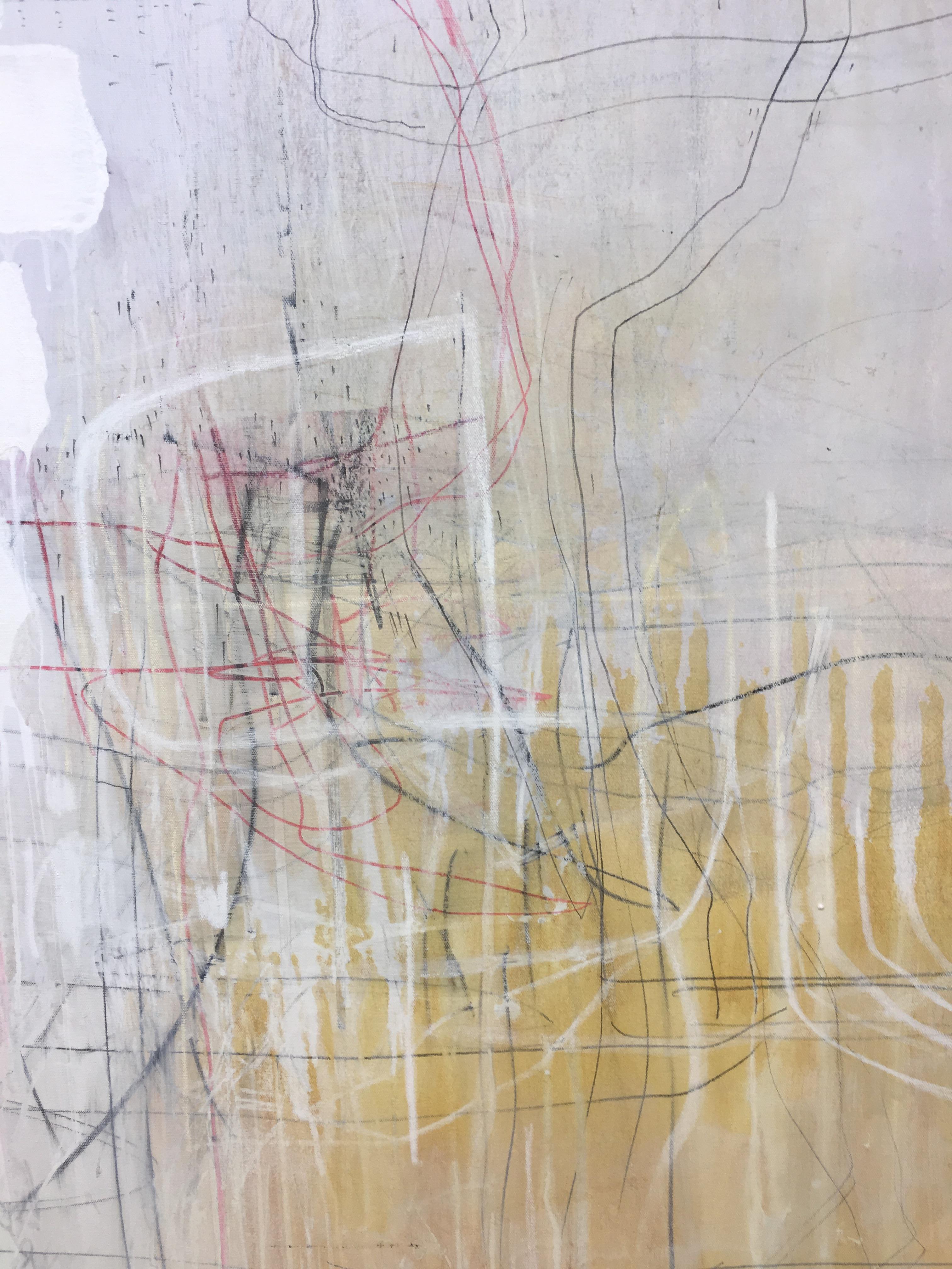 Absinthe, Large Abstract Painting, White Geometric Shapes with Yellow and Red 2