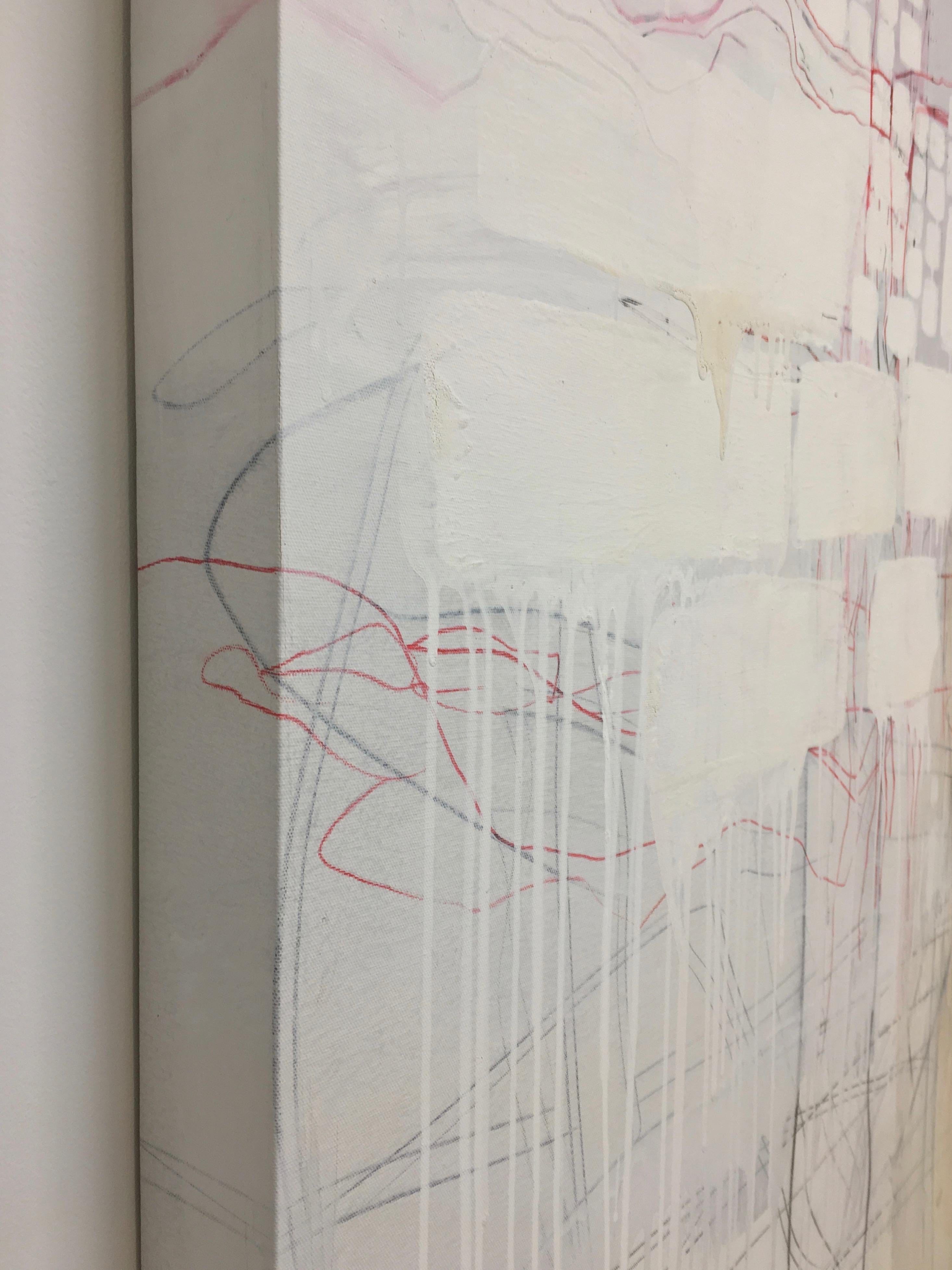Absinthe, Large Abstract Painting, White Geometric Shapes with Yellow and Red 3