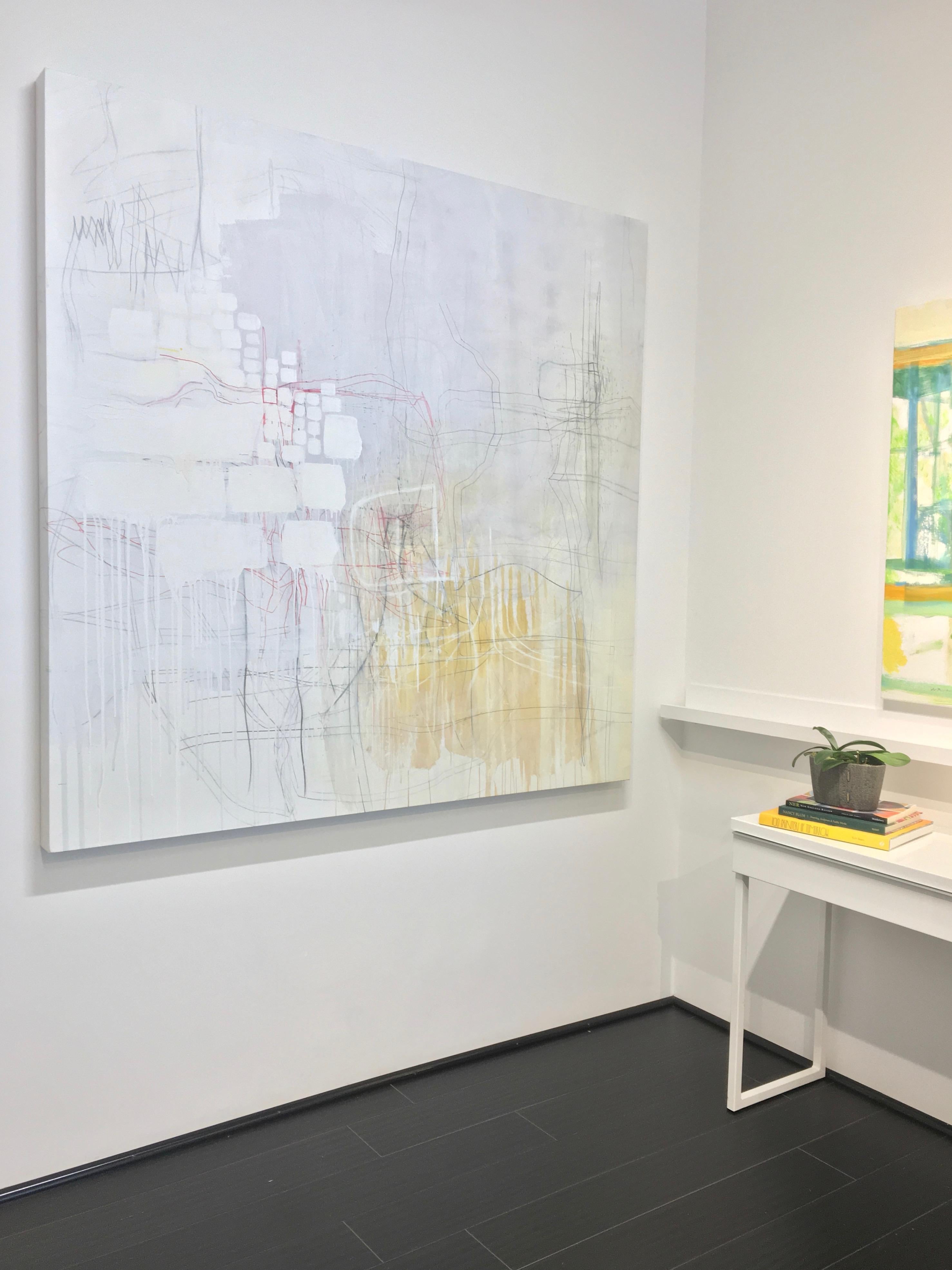 Absinthe, Large Abstract Painting, White Geometric Shapes with Yellow and Red 1