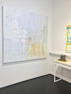 Absinthe, Large Abstract Painting, White Geometric Shapes with Yellow and Red