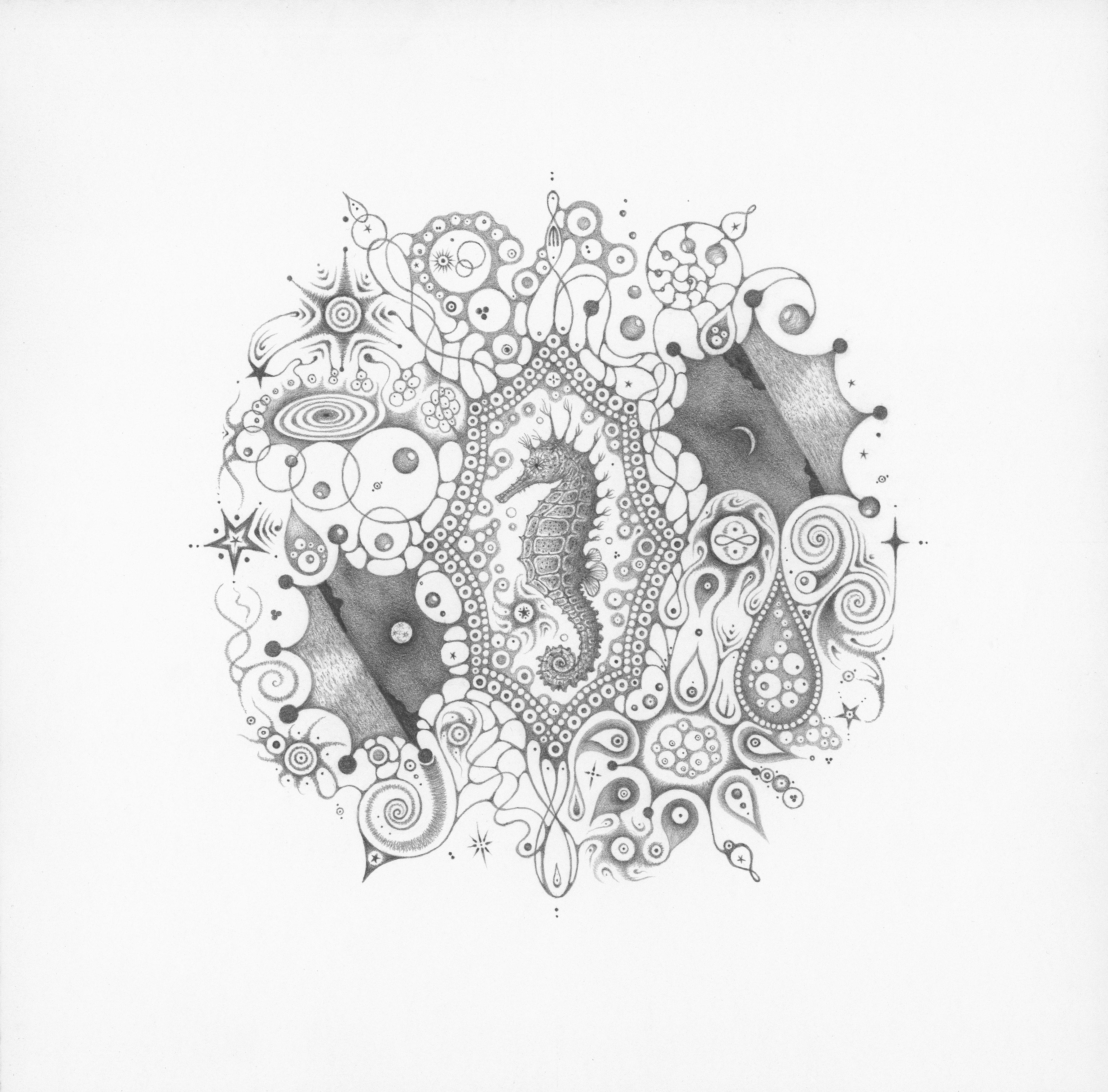 Michiyo Ihara Abstract Drawing - Snowflakes 126 Mermaid Dream, Mandala Pencil Drawing on Paper with Seahorse