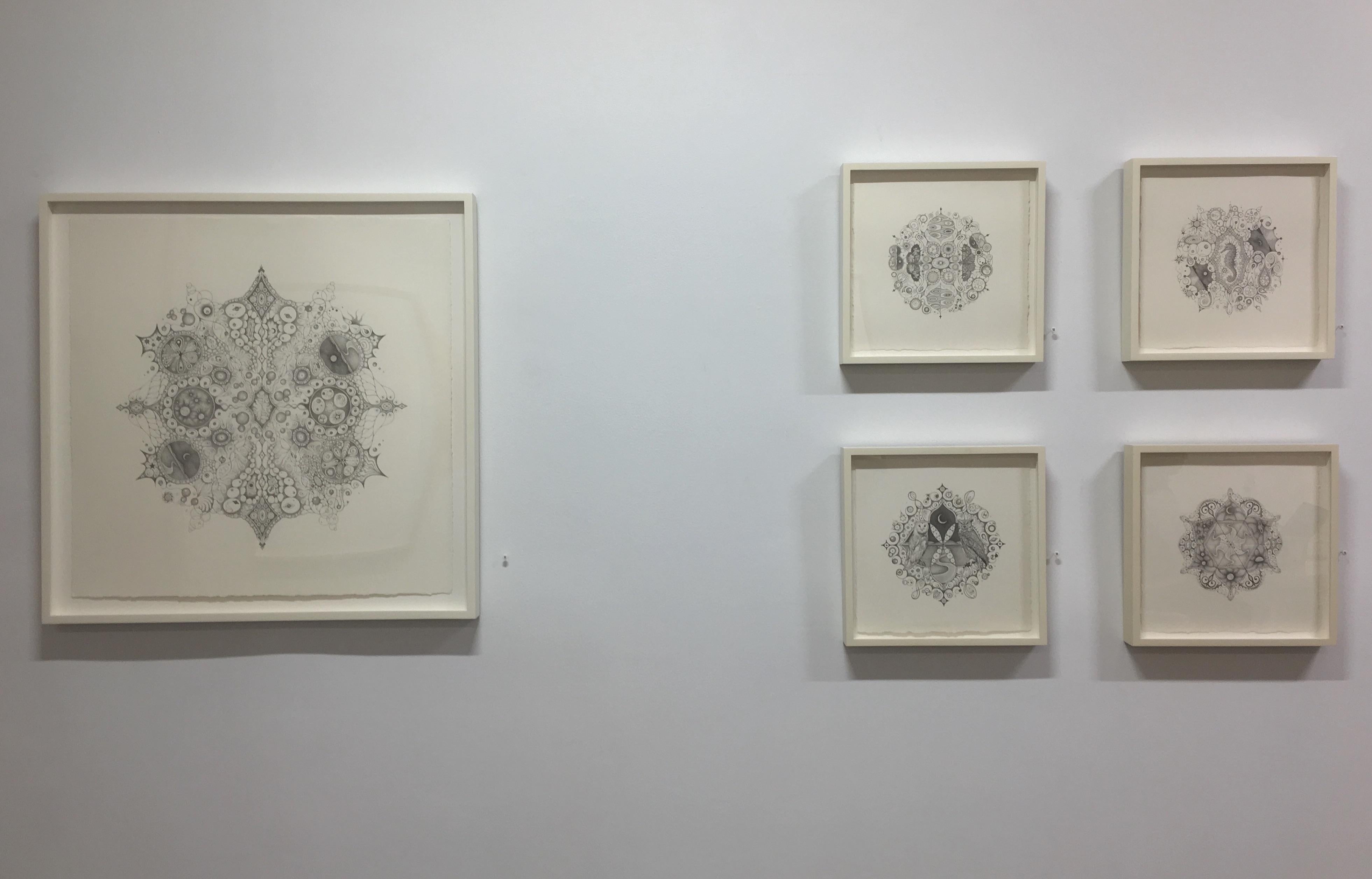 Snowflakes 126 Mermaid Dream, Mandala Pencil Drawing on Paper with Seahorse - Gray Abstract Drawing by Michiyo Ihara