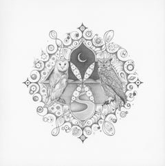 Snowflakes 131 Gaia, Mandala Pencil Drawing on Paper with Owls and Crescent Moon