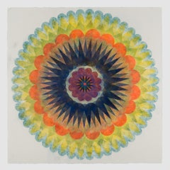 Pop Flower 69, Bright Green, Teal Blue Mandala with Orange, Maroon and Navy